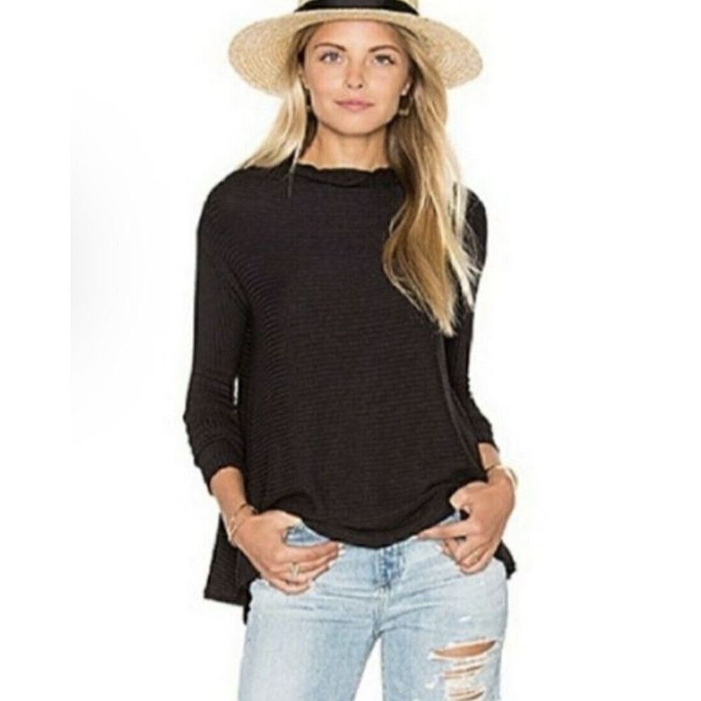 Free People We The Free Womens Lover Rib Split Back Pullover Top Black Size M